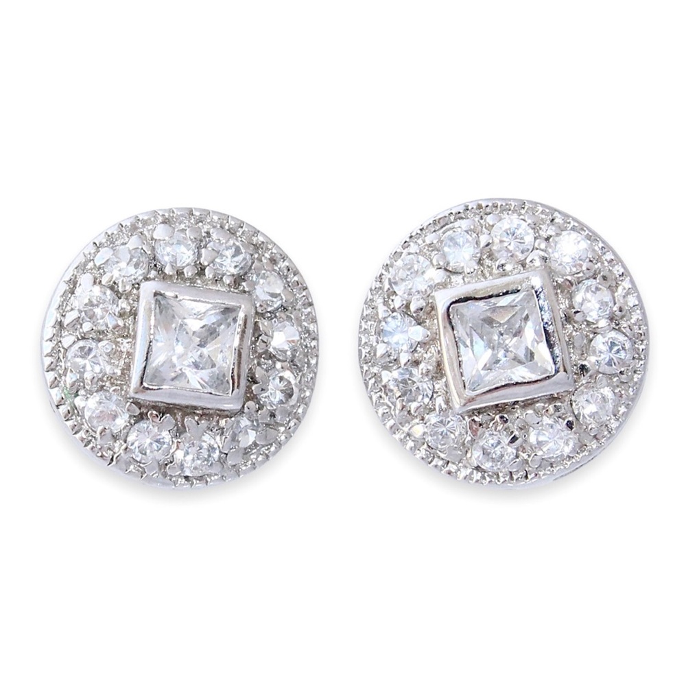 Estate Princess Cut Cubic Zirconia Sterling Silver Stud Earrings Round Halo